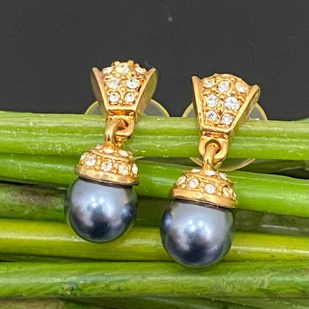 Vintage Unsigned Gray Faux Pearl Gold-tone Dangle Drop Earrings 9g